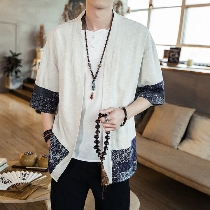 Buddha Stones, etniczny nadruk, patchwork, półrękaw, otwarty przód, męska kurtka kimono z bawełny i lnu - Bielizna - US/UK/AU46， EU56 (5XL) - image 10
