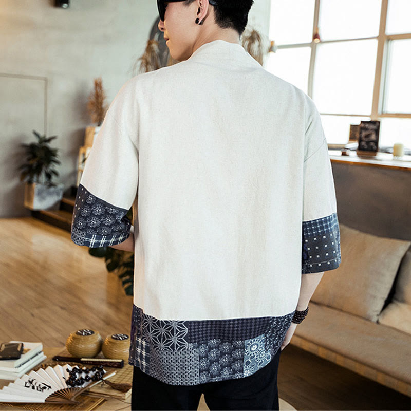 Buddha Stones, etniczny nadruk, patchwork, półrękaw, otwarty przód, męska kurtka kimono z bawełny i lnu - image 15