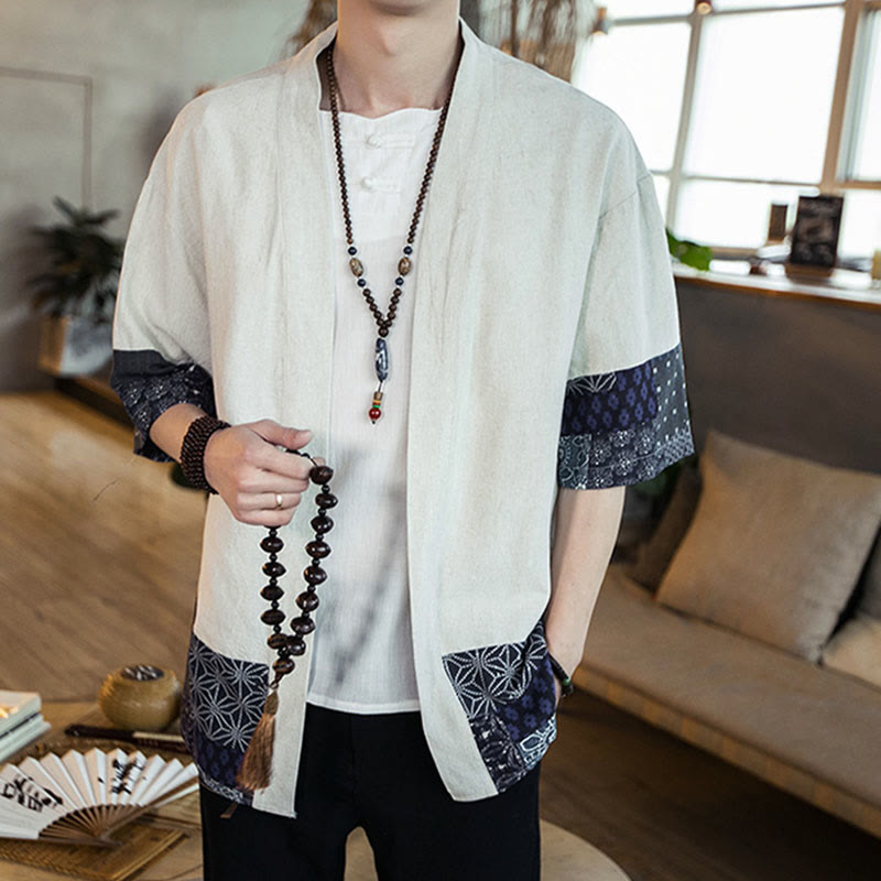 Buddha Stones, etniczny nadruk, patchwork, półrękaw, otwarty przód, męska kurtka kimono z bawełny i lnu - image 11