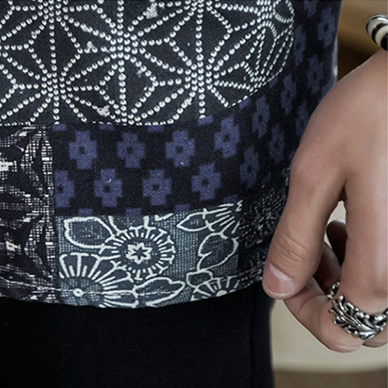Buddha Stones, etniczny nadruk, patchwork, półrękaw, otwarty przód, męska kurtka kimono z bawełny i lnu - image 9
