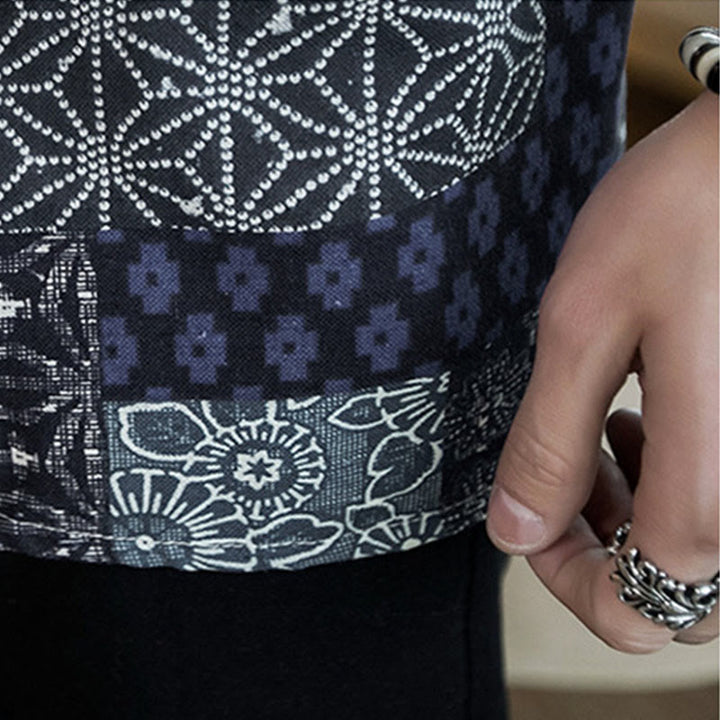 Buddha Stones, etniczny nadruk, patchwork, półrękaw, otwarty przód, męska kurtka kimono z bawełny i lnu - image 9
