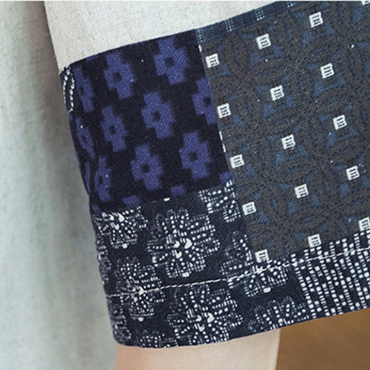 Buddha Stones, etniczny nadruk, patchwork, półrękaw, otwarty przód, męska kurtka kimono z bawełny i lnu - image 20