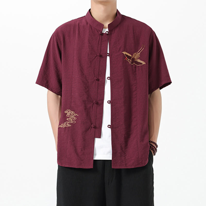Koszula męska bawełniana z haftowanymi guzikami w stylu vintage z Buddha Stones, półrękawem i stójką - Brązowy - US/UK/AU42， EU52 (3XL) - image 0