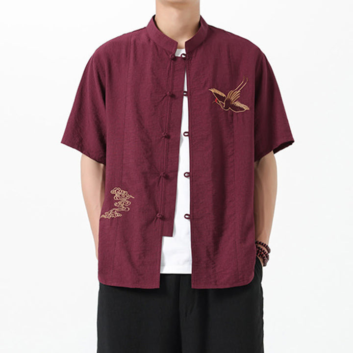Koszula męska bawełniana z haftowanymi guzikami w stylu vintage z Buddha Stones, półrękawem i stójką - Brązowy - US/UK/AU42， EU52 (3XL) - image 0