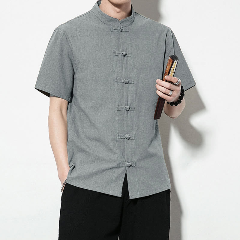 Buddha Stones Casual Jednokolorowe Przód Żaba Guziki Chiński Tang Suit Krótki Rękaw Lniana Męska Koszula - image 35