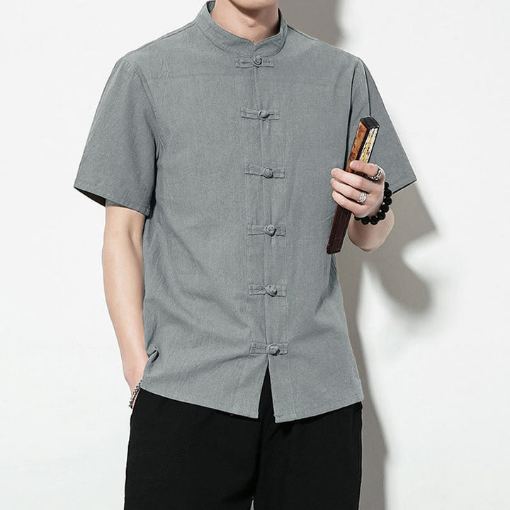 Buddha Stones Casual Jednokolorowe Przód Żaba Guziki Chiński Tang Suit Krótki Rękaw Lniana Męska Koszula - image 35