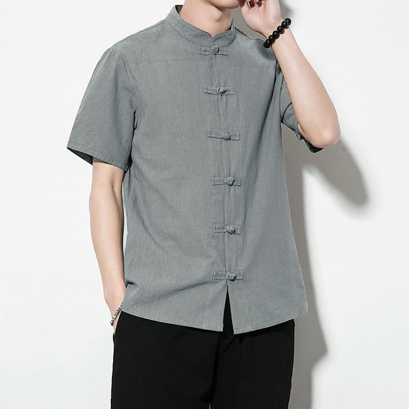 Buddha Stones Casual Jednokolorowe Przód Żaba Guziki Chiński Tang Suit Krótki Rękaw Lniana Męska Koszula - image 32