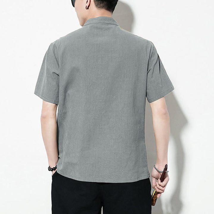 Buddha Stones Casual Jednokolorowe Przód Żaba Guziki Chiński Tang Suit Krótki Rękaw Lniana Męska Koszula - image 31