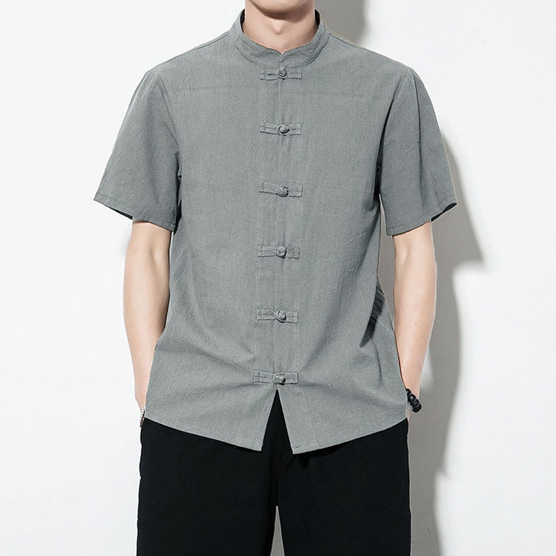 Buddha Stones Casual Jednokolorowe Przód Żaba Guziki Chiński Tang Suit Krótki Rękaw Lniana Męska Koszula - CadetBlue - US/UK/AU46， EU56 (5XL) - image 29