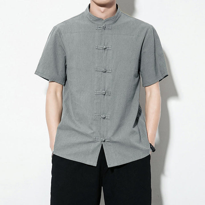 Buddha Stones Casual Jednokolorowe Przód Żaba Guziki Chiński Tang Suit Krótki Rękaw Lniana Męska Koszula - CadetBlue - US/UK/AU46， EU56 (5XL) - image 29