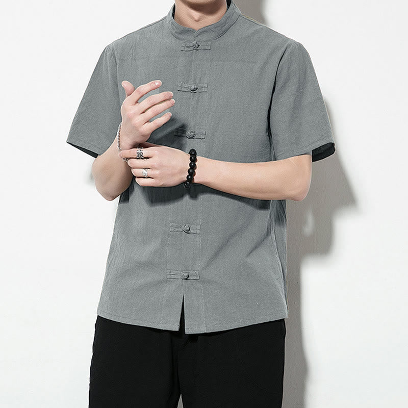 Buddha Stones Casual Jednokolorowe Przód Żaba Guziki Chiński Tang Suit Krótki Rękaw Lniana Męska Koszula - image 34