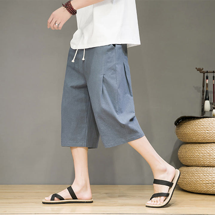 Buddha Stones Casual Lato Ściągacz Jednolity Kolor Krótkie Bawełniane Lniane Męskie Spodnie Harem Z Kieszeniami - Łupkowoszary - US/UK/AU46， EU56 (5XL) - image 0