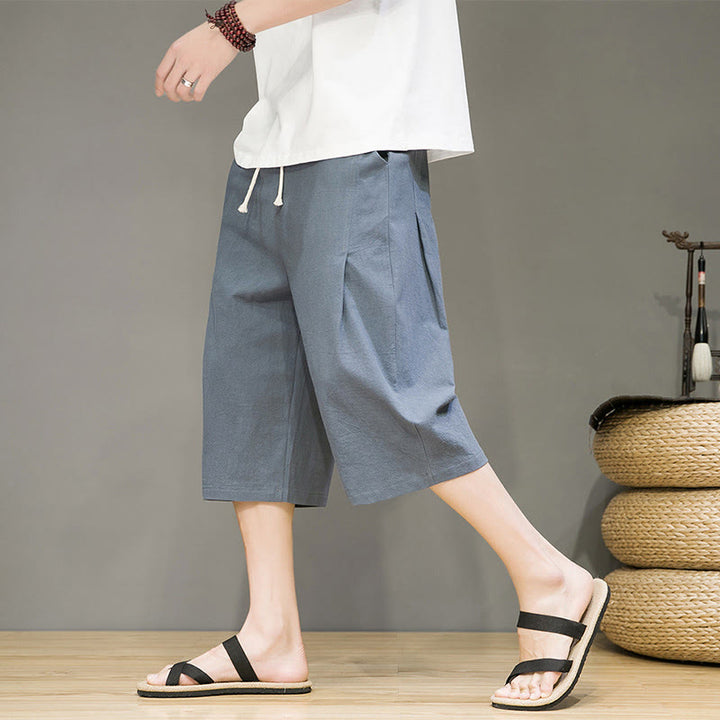 Buddha Stones Casual Lato Ściągacz Jednolity Kolor Krótkie Bawełniane Lniane Męskie Spodnie Harem Z Kieszeniami - image 7