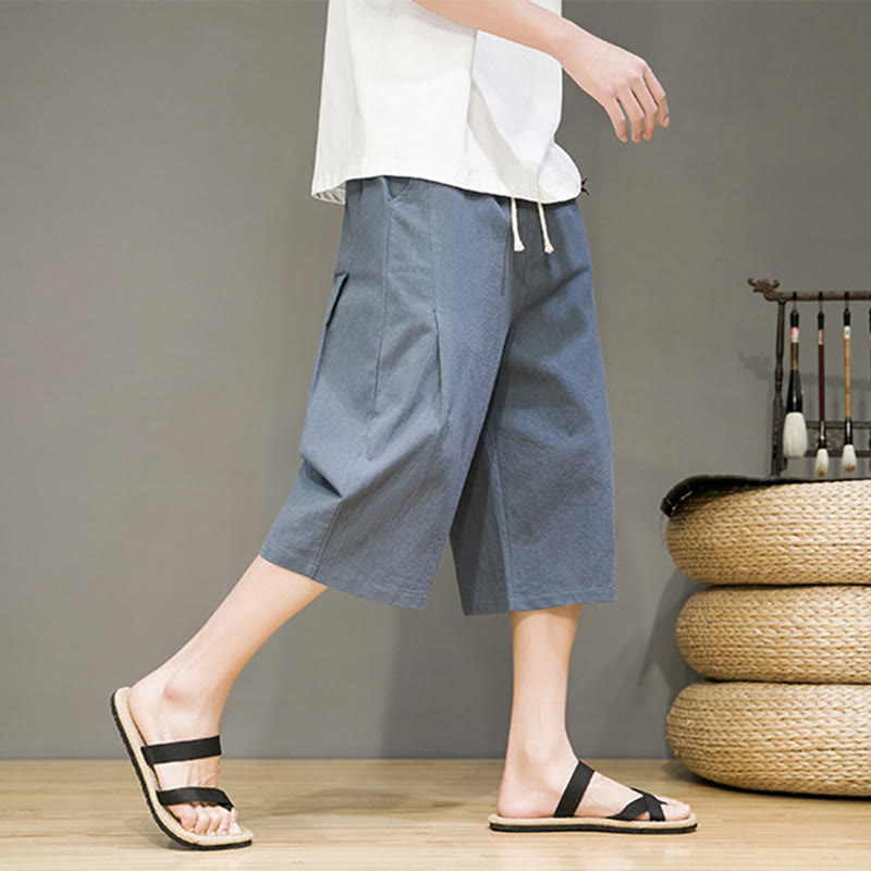 Buddha Stones Casual Lato Ściągacz Jednolity Kolor Krótkie Bawełniane Lniane Męskie Spodnie Harem Z Kieszeniami - image 5