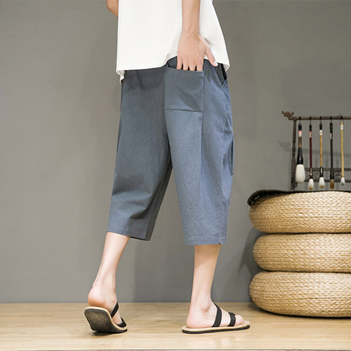 Buddha Stones Casual Lato Ściągacz Jednolity Kolor Krótkie Bawełniane Lniane Męskie Spodnie Harem Z Kieszeniami - image 3