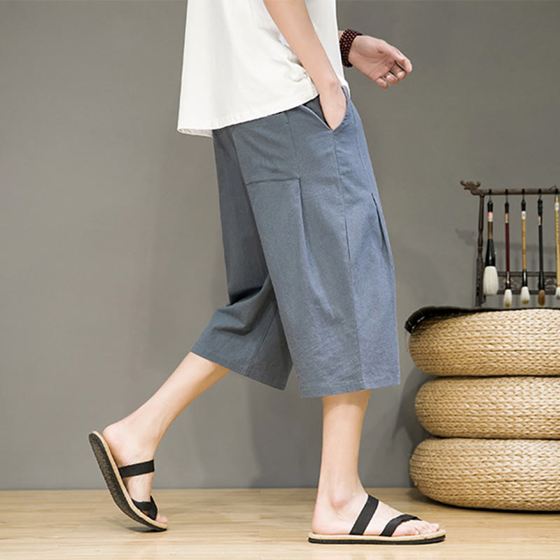 Buddha Stones Casual Lato Ściągacz Jednolity Kolor Krótkie Bawełniane Lniane Męskie Spodnie Harem Z Kieszeniami - image 6