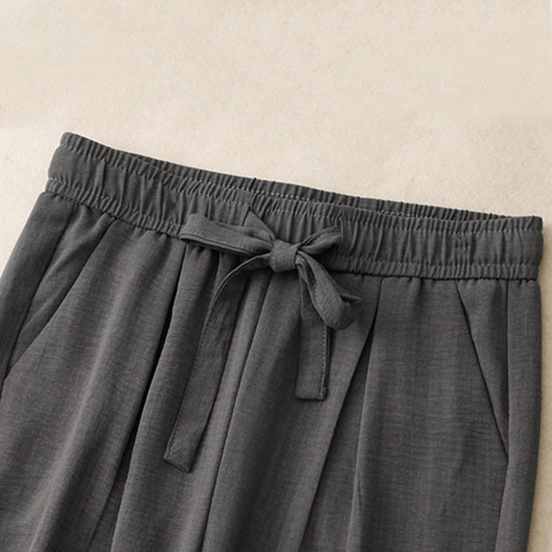 Damskie bawełniane spodnie z szerokimi nogawkami i kieszeniami, w stylu casual, letnie, sznurowane, z motywem Buddha Stones