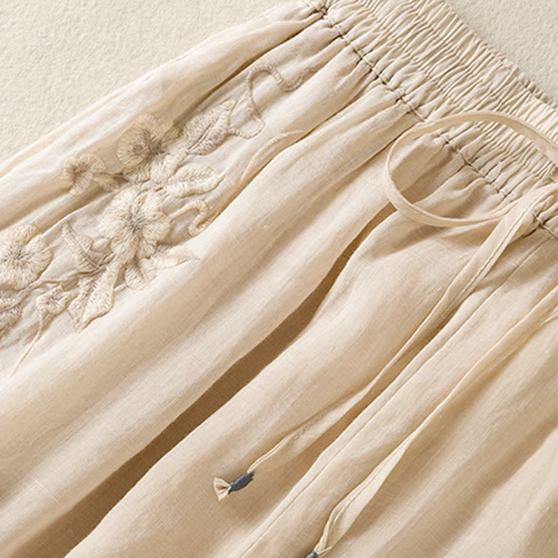 Spodnie damskie z szerokimi nogawkami i kieszeniami z haftem i ściągaczem Buddha Stones Commute z bawełny - image 12