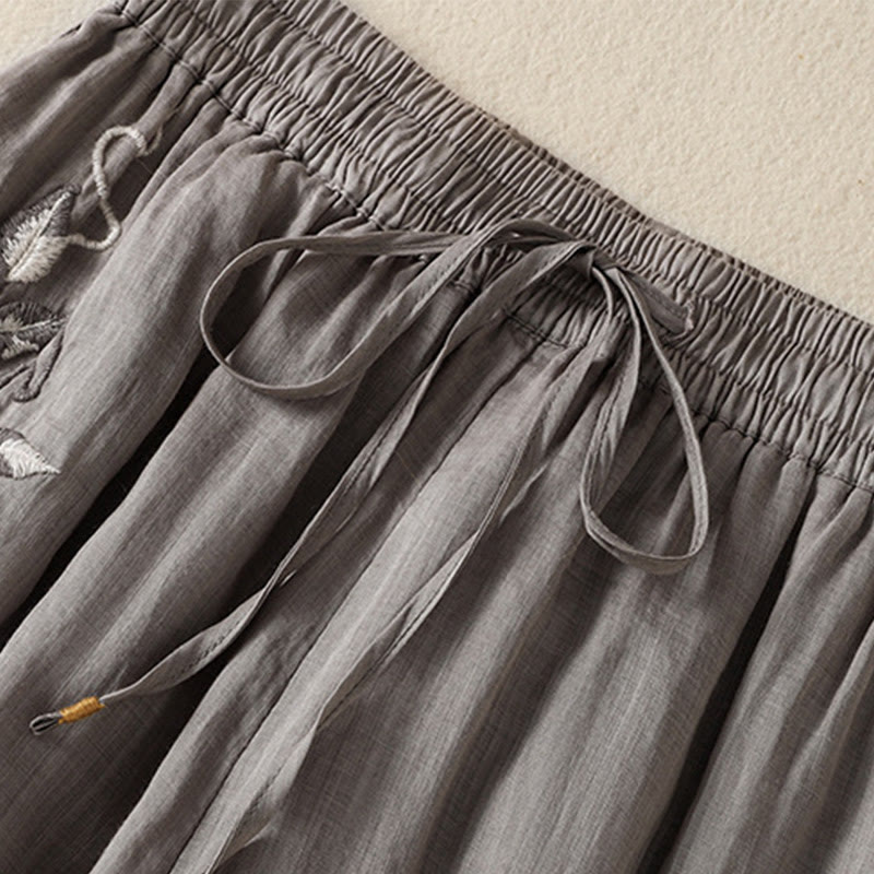 Spodnie damskie z szerokimi nogawkami i kieszeniami z haftem i ściągaczem Buddha Stones Commute z bawełny - image 44