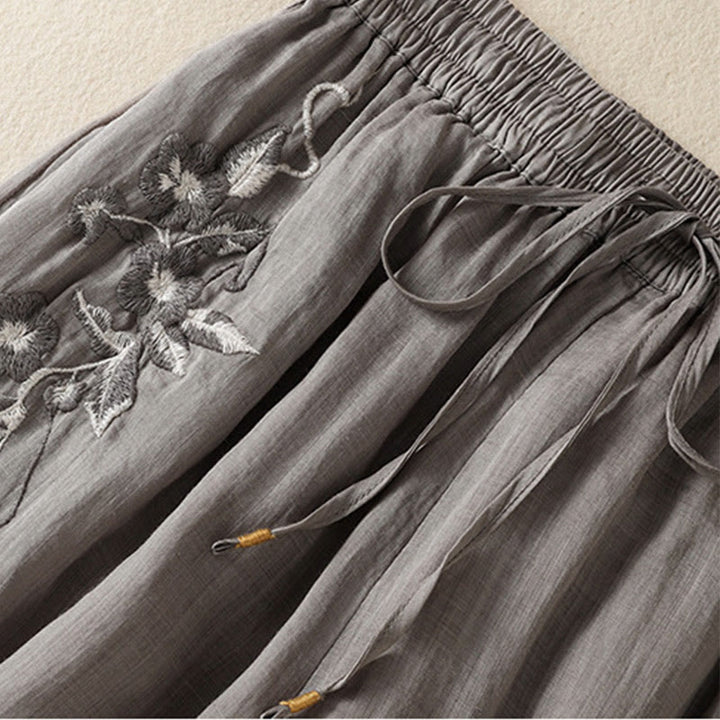 Spodnie damskie z szerokimi nogawkami i kieszeniami z haftem i ściągaczem Buddha Stones Commute z bawełny - image 46