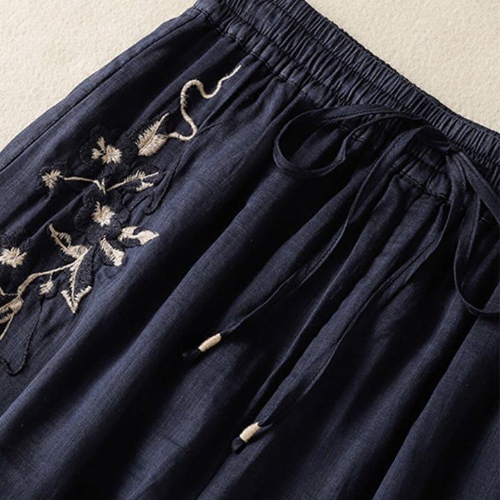 Spodnie damskie z szerokimi nogawkami i kieszeniami z haftem i ściągaczem Buddha Stones Commute z bawełny - image 4