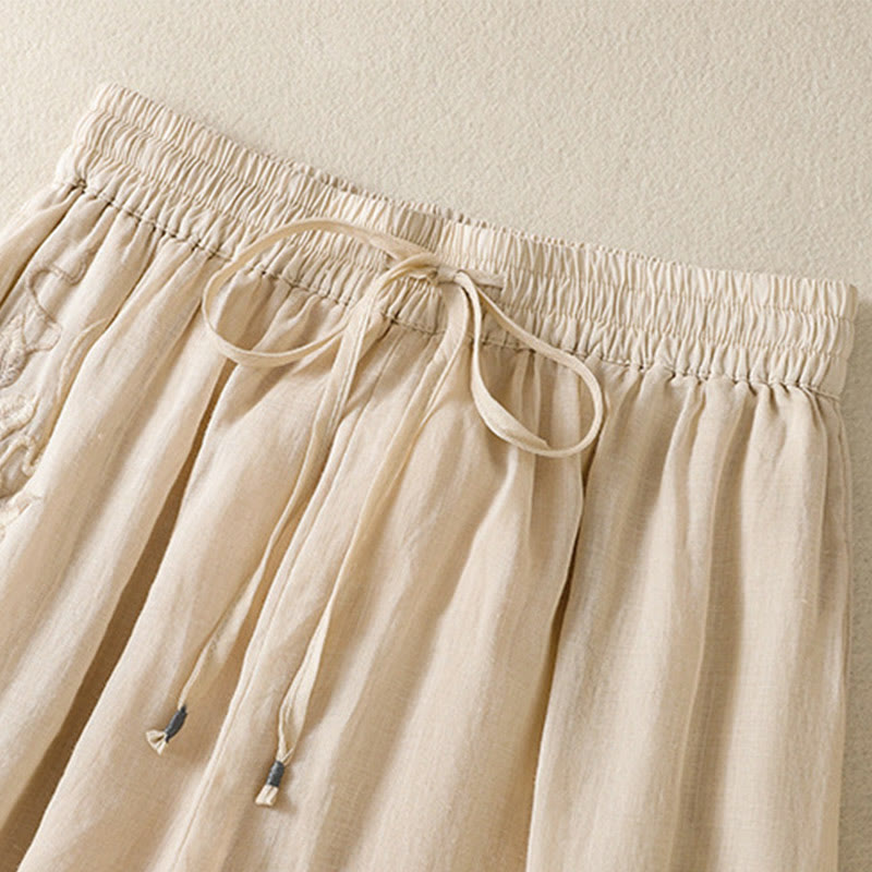 Spodnie damskie z szerokimi nogawkami i kieszeniami z haftem i ściągaczem Buddha Stones Commute z bawełny - image 9