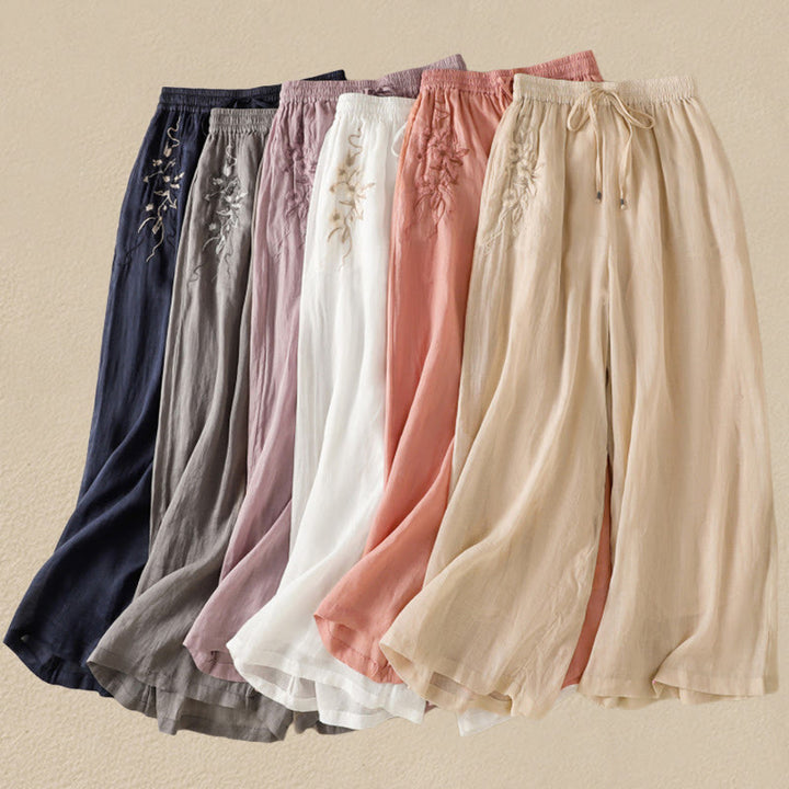 Spodnie damskie z szerokimi nogawkami i kieszeniami z haftem i ściągaczem Buddha Stones Commute z bawełny - image 49