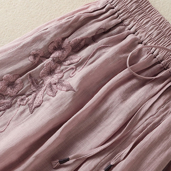 Spodnie damskie z szerokimi nogawkami i kieszeniami z haftem i ściągaczem Buddha Stones Commute z bawełny - image 37