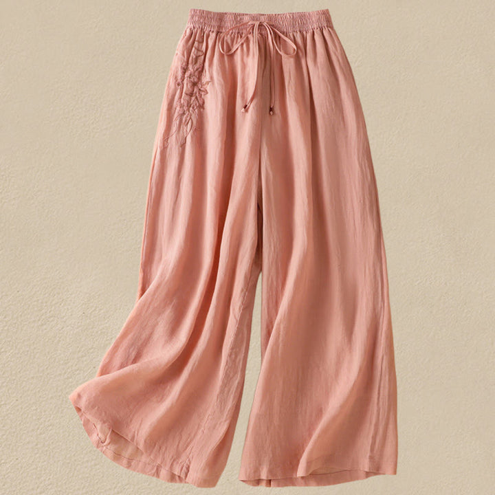 Spodnie damskie z szerokimi nogawkami i kieszeniami z haftem i ściągaczem Buddha Stones Commute z bawełny - Koral - US8-10，UK/AU12-14，EU40-42 (2XL) - image 17