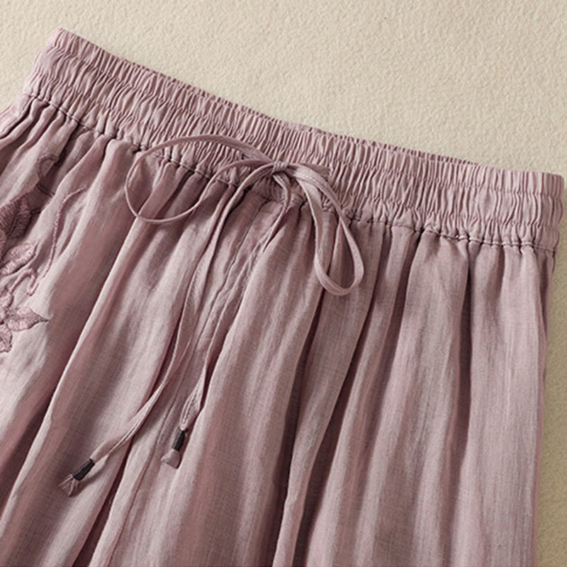 Spodnie damskie z szerokimi nogawkami i kieszeniami z haftem i ściągaczem Buddha Stones Commute z bawełny - image 36