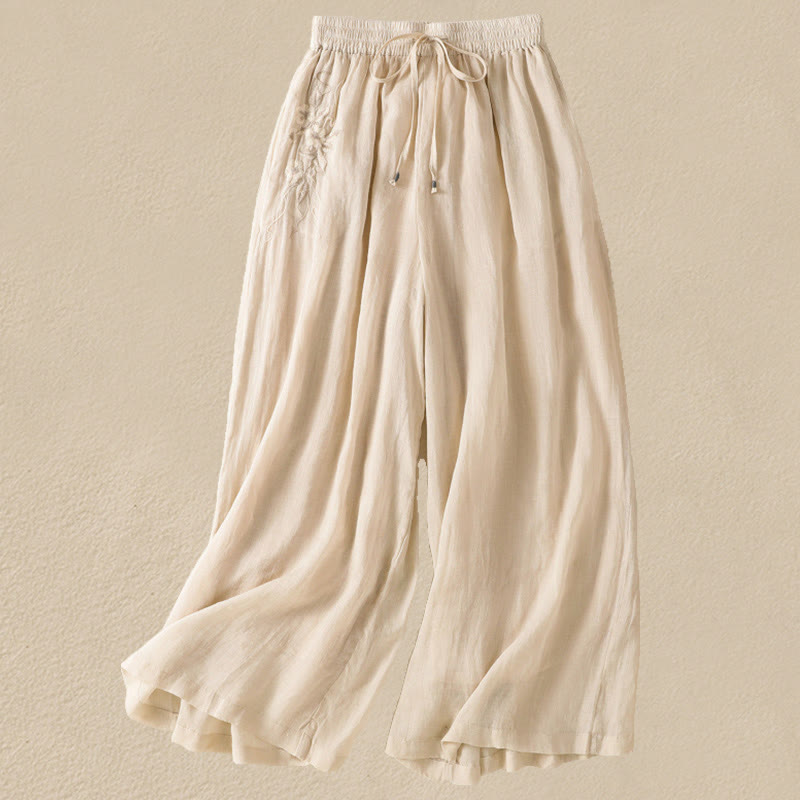 Spodnie damskie z szerokimi nogawkami i kieszeniami z haftem i ściągaczem Buddha Stones Commute z bawełny - Beżowy - US8-10，UK/AU12-14，EU40-42 (2XL) - image 7