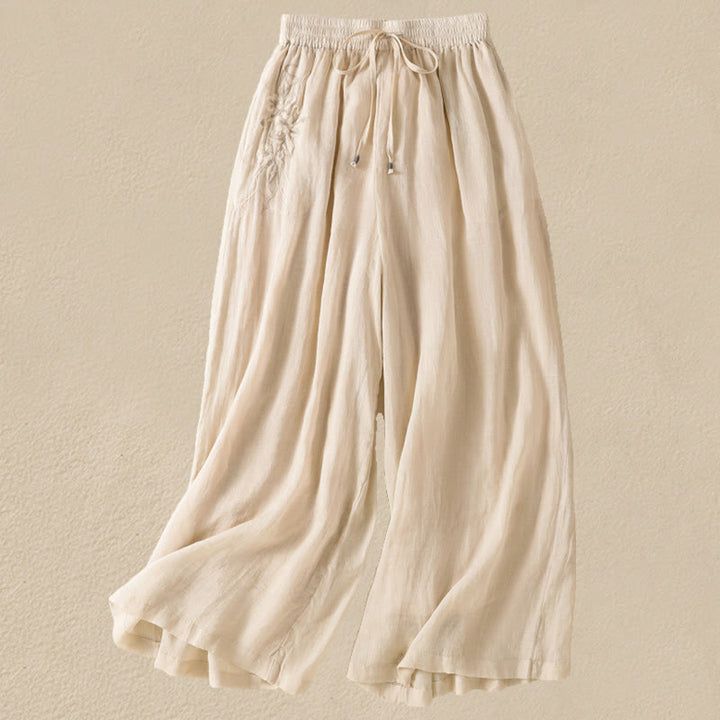 Spodnie damskie z szerokimi nogawkami i kieszeniami z haftem i ściągaczem Buddha Stones Commute z bawełny - Beżowy - US8-10，UK/AU12-14，EU40-42 (2XL) - image 7