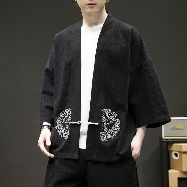Buddha Stones, chiński wzór żaby z guzikami, męska kurtka bawełniano-lniana z długim rękawem, kimono z otwartym przodem - Czarny - US/UK/AU46， EU56 (5XL) - image 1
