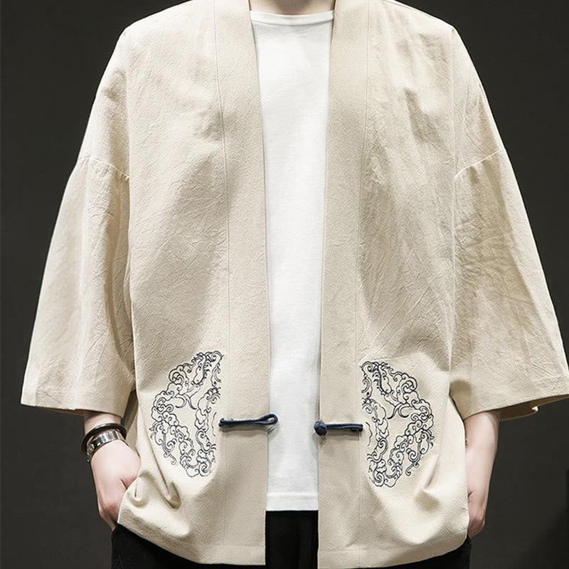 Buddha Stones, chiński wzór żaby z guzikami, męska kurtka bawełniano-lniana z długim rękawem, kimono z otwartym przodem - image 11