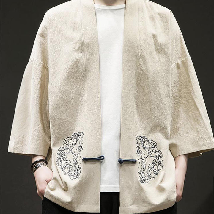 Buddha Stones, chiński wzór żaby z guzikami, męska kurtka bawełniano-lniana z długim rękawem, kimono z otwartym przodem - image 11