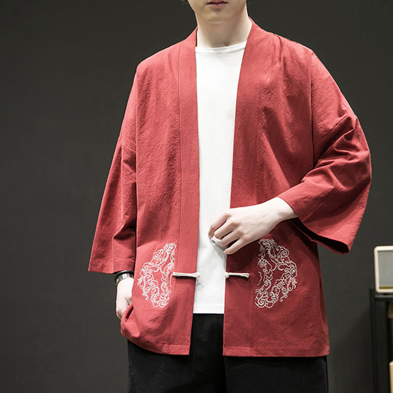 Buddha Stones, chiński wzór żaby z guzikami, męska kurtka bawełniano-lniana z długim rękawem, kimono z otwartym przodem - image 16