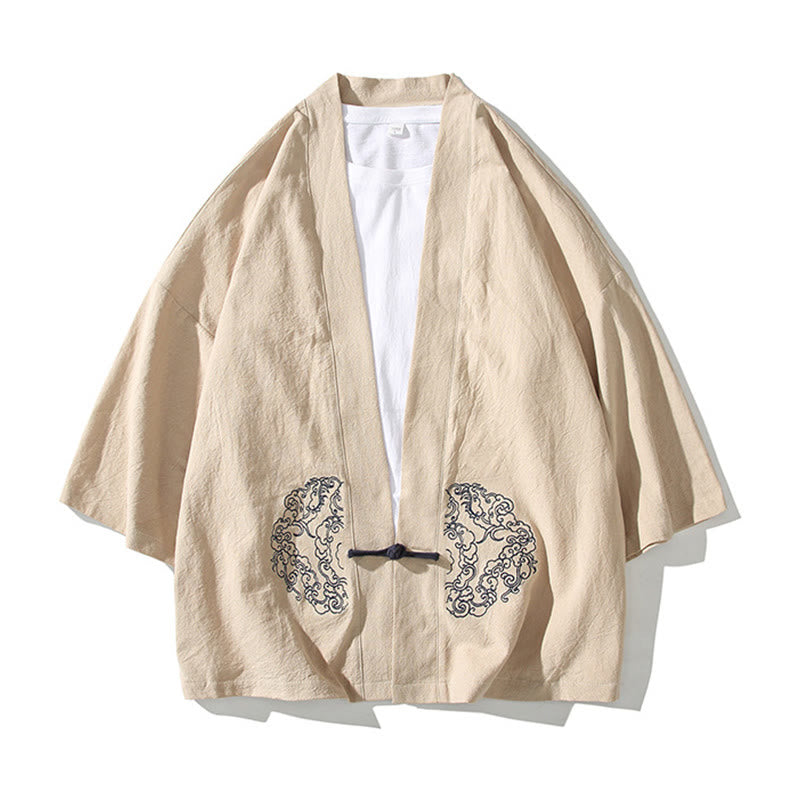 Buddha Stones, chiński wzór żaby z guzikami, męska kurtka bawełniano-lniana z długim rękawem, kimono z otwartym przodem - image 13