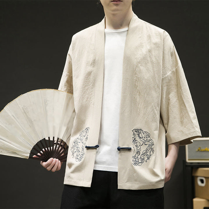 Buddha Stones, chiński wzór żaby z guzikami, męska kurtka bawełniano-lniana z długim rękawem, kimono z otwartym przodem - image 10