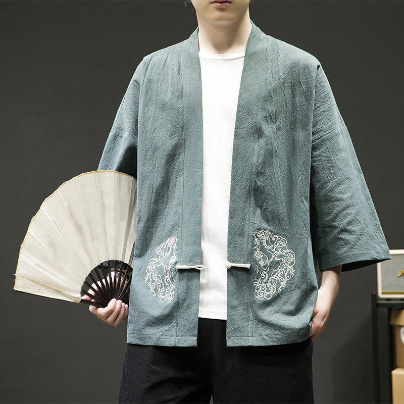 Buddha Stones, chiński wzór żaby z guzikami, męska kurtka bawełniano-lniana z długim rękawem, kimono z otwartym przodem - LightSeaGreen - US/UK/AU46， EU56 (5XL) - image 5