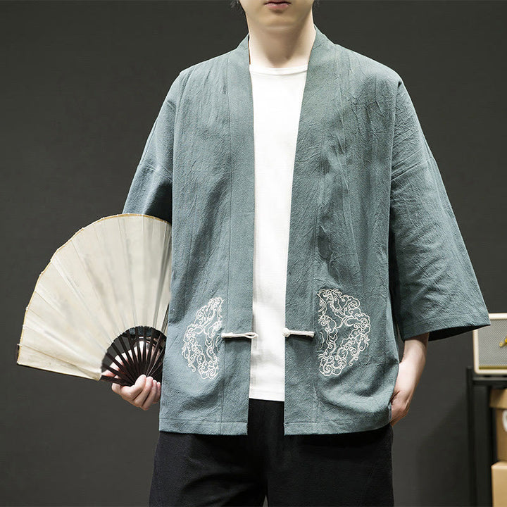 Buddha Stones, chiński wzór żaby z guzikami, męska kurtka bawełniano-lniana z długim rękawem, kimono z otwartym przodem - LightSeaGreen - US/UK/AU46， EU56 (5XL) - image 5