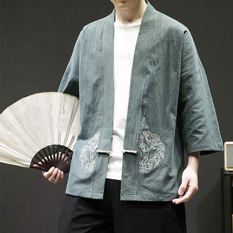 Buddha Stones, chiński wzór żaby z guzikami, męska kurtka bawełniano-lniana z długim rękawem, kimono z otwartym przodem - image 6