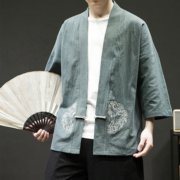 Buddha Stones, chiński wzór żaby z guzikami, męska kurtka bawełniano-lniana z długim rękawem, kimono z otwartym przodem - image 6