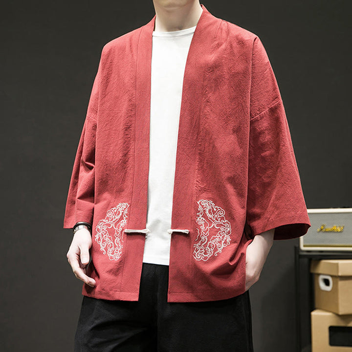 Buddha Stones, chiński wzór żaby z guzikami, męska kurtka bawełniano-lniana z długim rękawem, kimono z otwartym przodem - image 15
