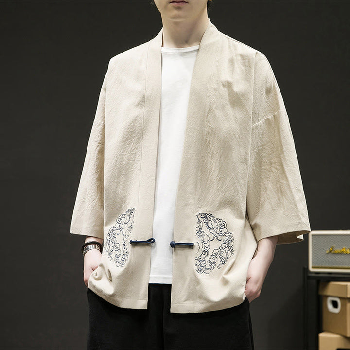 Buddha Stones, chiński wzór żaby z guzikami, męska kurtka bawełniano-lniana z długim rękawem, kimono z otwartym przodem - Beżowy - US/UK/AU46， EU56 (5XL) - image 9