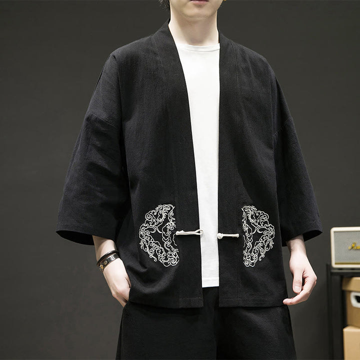 Buddha Stones, chiński wzór żaby z guzikami, męska kurtka bawełniano-lniana z długim rękawem, kimono z otwartym przodem - image 2