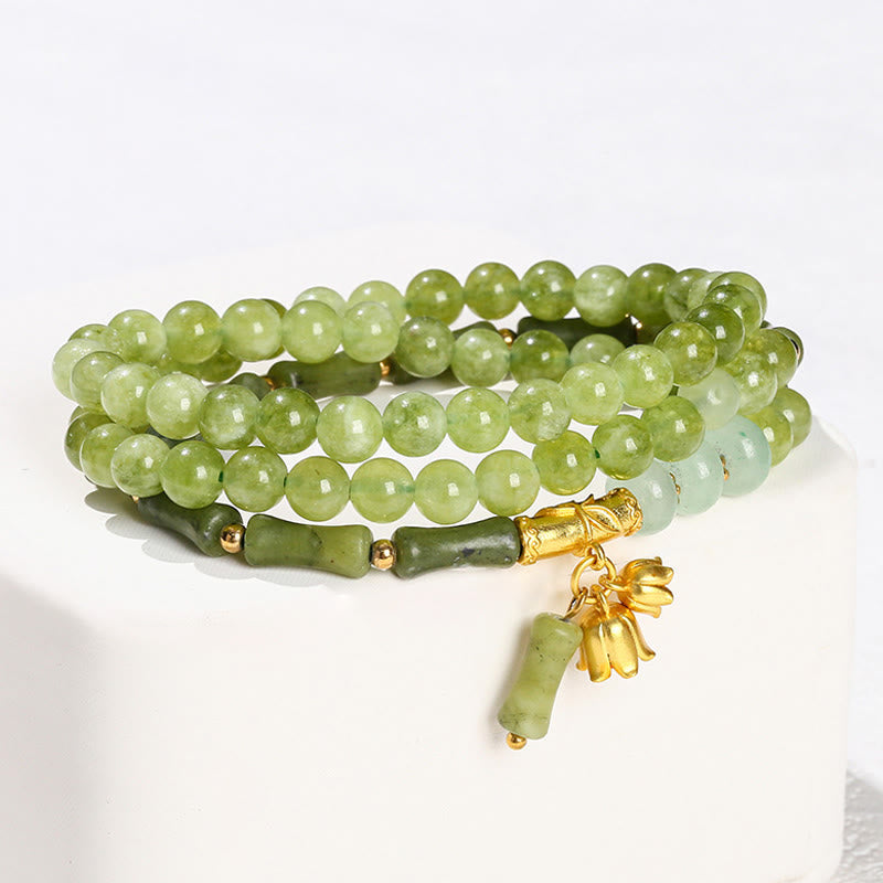 Bransoletka wzmacniająca z Buddha Stones w stylu retro, wielowarstwowa, z konwalii, bambusa i zielonego chalcedonu - image 4