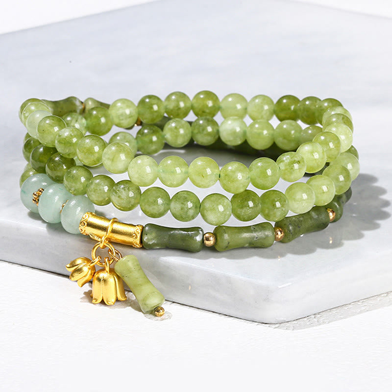 Bransoletka wzmacniająca z Buddha Stones w stylu retro, wielowarstwowa, z konwalii, bambusa i zielonego chalcedonu - image 7