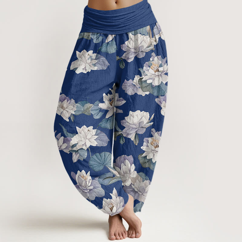 Spodnie haremowe damskie z elastyczną talią i nadrukiem lotosu w swobodne, eleganckie wzory z motywem Buddha Stones - RoyalBlue - US22, UK/AU26, EU54 (6XL) - image 5