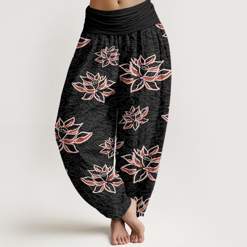 Spodnie haremowe damskie z elastyczną talią i wzorem linii lotosu z motywem Buddha Stones - Czarny - US22, UK/AU26, EU54 (6XL) - image 1