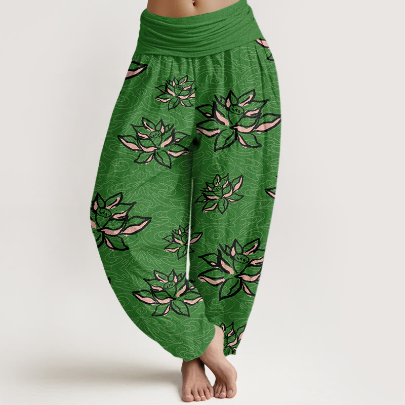 Spodnie haremowe damskie z elastyczną talią i wzorem linii lotosu z motywem Buddha Stones - ForestGreen - US22, UK/AU26, EU54 (6XL) - image 5